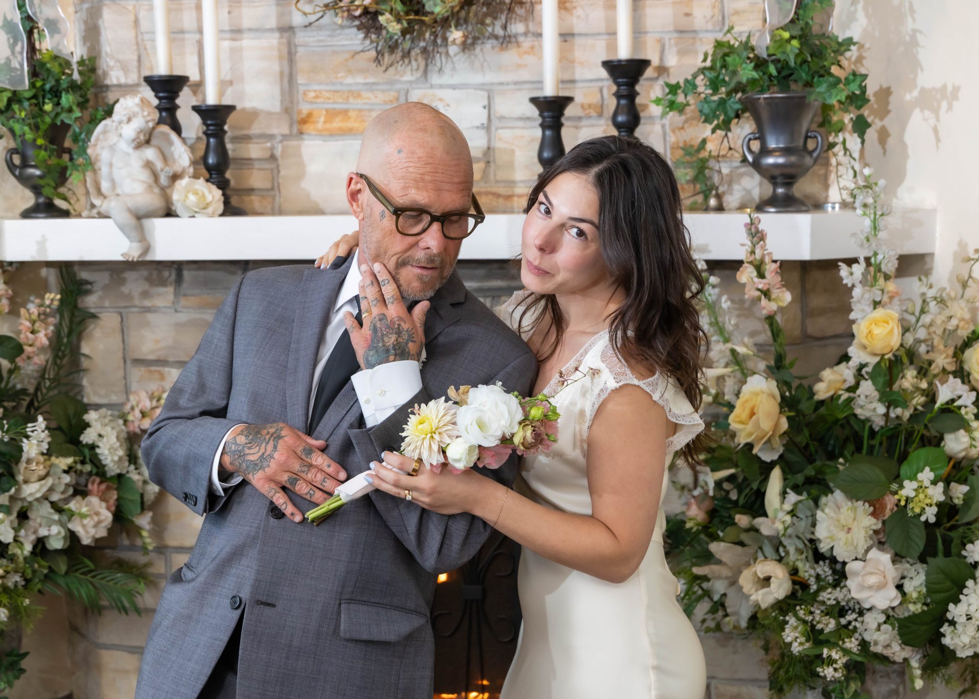 stone chapel cute couple in front of the hearth