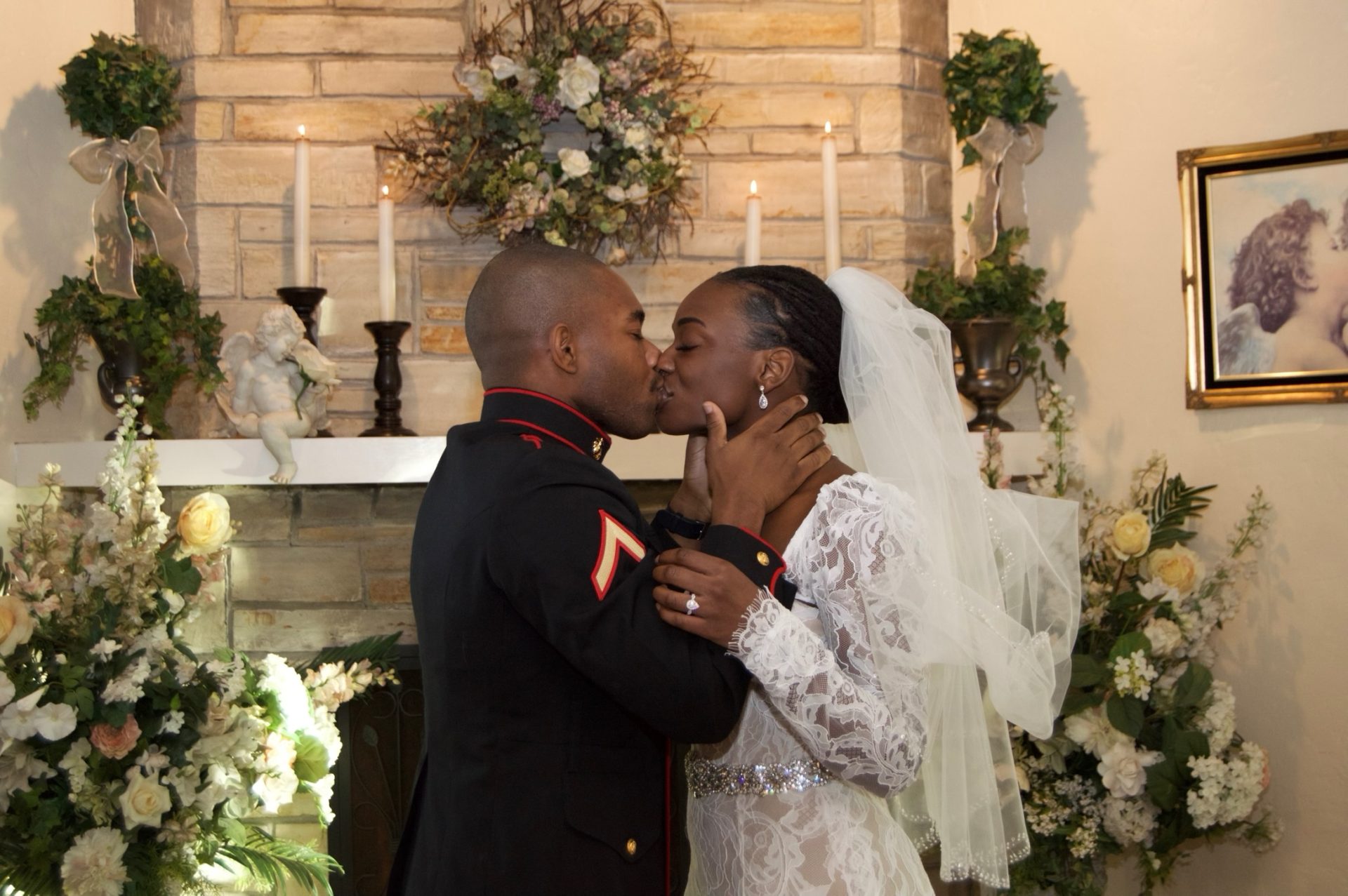 stone chapel kiss in front of the hearth